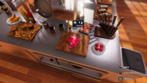 tainless steel prep counter with chopped ingredients, spices, cooking tools, and food displayed on cutting boards.