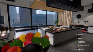 Modern kitchen with countertops, cooking tools, fresh vegetables, and a window overlooking city buildings.