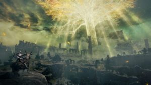 A warrior stands before a vast ruined landscape illuminated by a giant glowing tree in the sky.