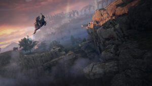 A rider on a spectral mount leaps across a rocky cliffside in a misty, dramatic fantasy landscape.